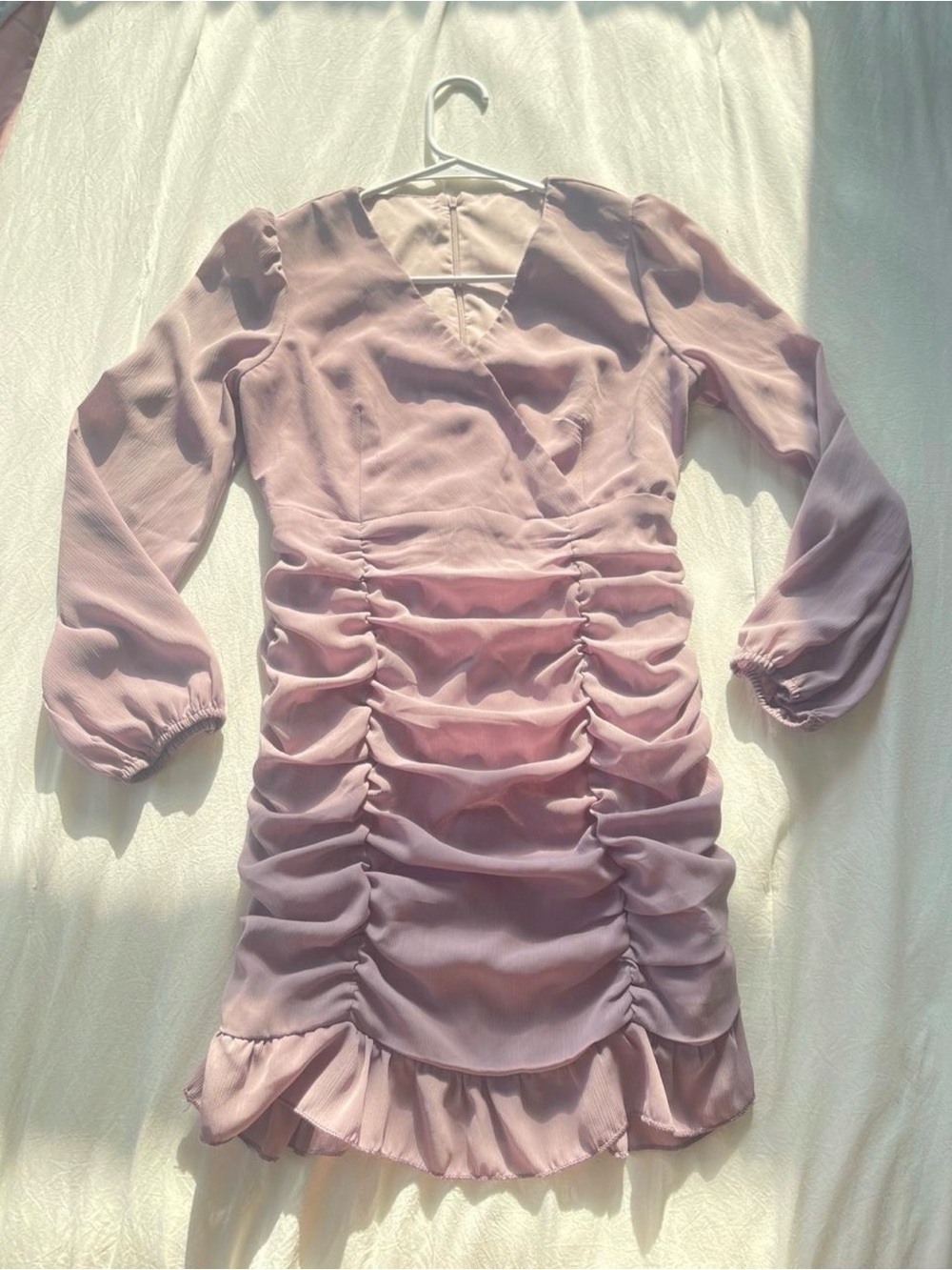 Women’s Ruching Long Sleeve Mini Dress in Dusty Purple